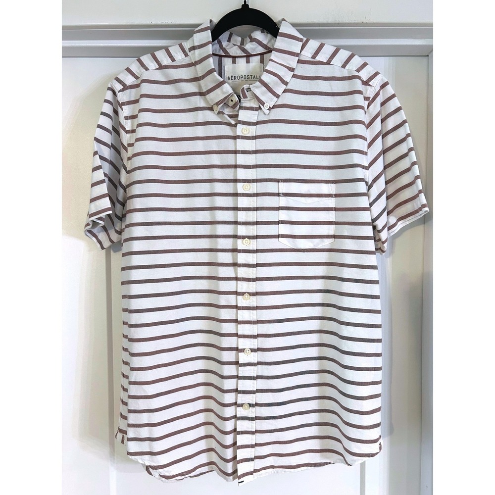 Aeropostale Mens Large Brown White Striped Short Sleeve Button Down Shirt Cotton